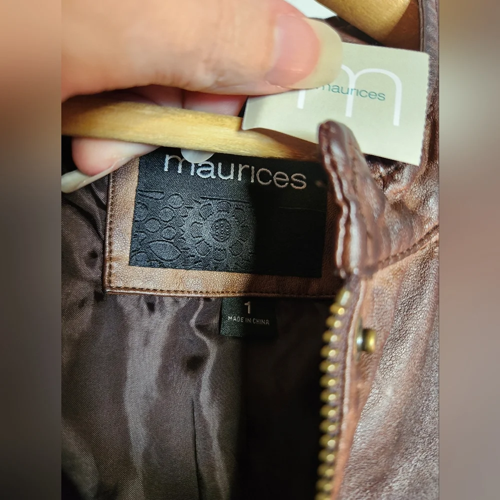 NWT Maurices Brown Distressed Faux Leather Moto Military Jacket Size 1 - Picture 4 of 10